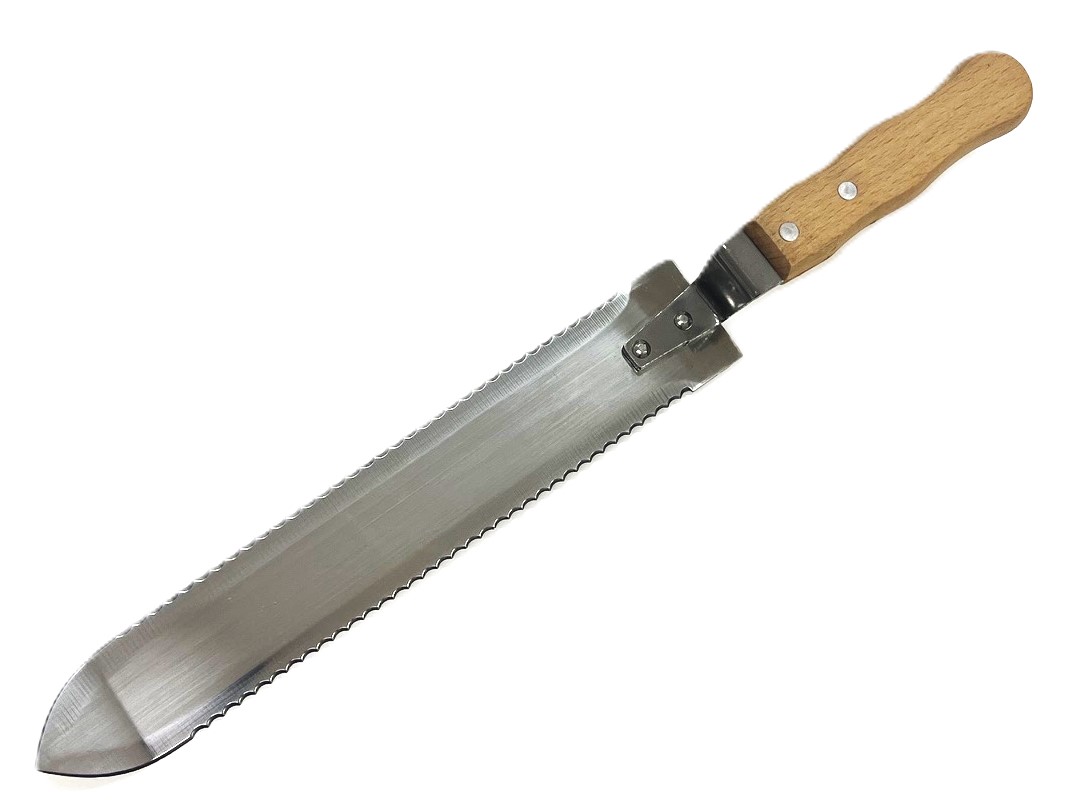 Entdecklungsmesser mit beidseitigem Wellenschliff,  Holzgriff
