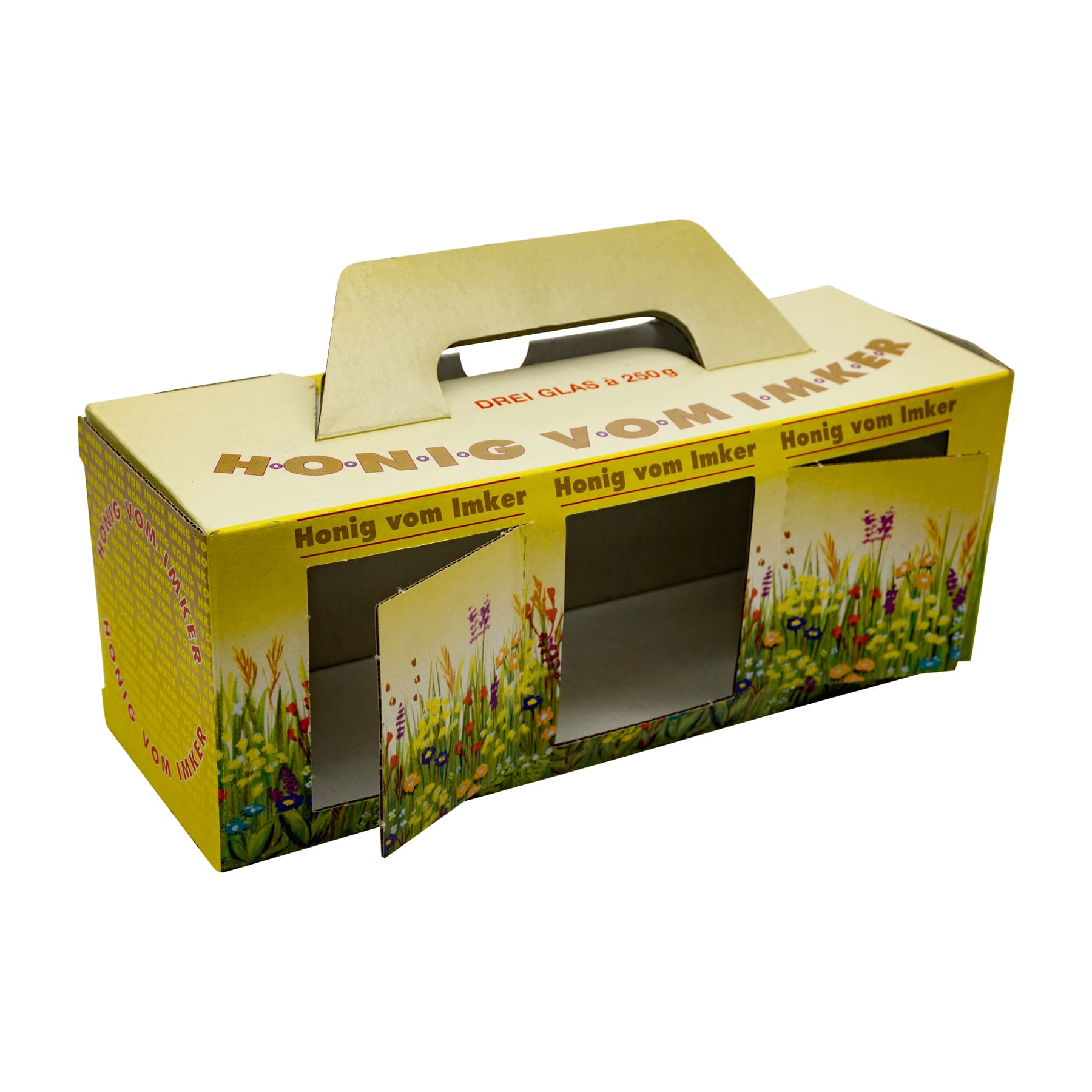 Kartonverpackung Blumenwiese für 3 x 250 g Honigglas