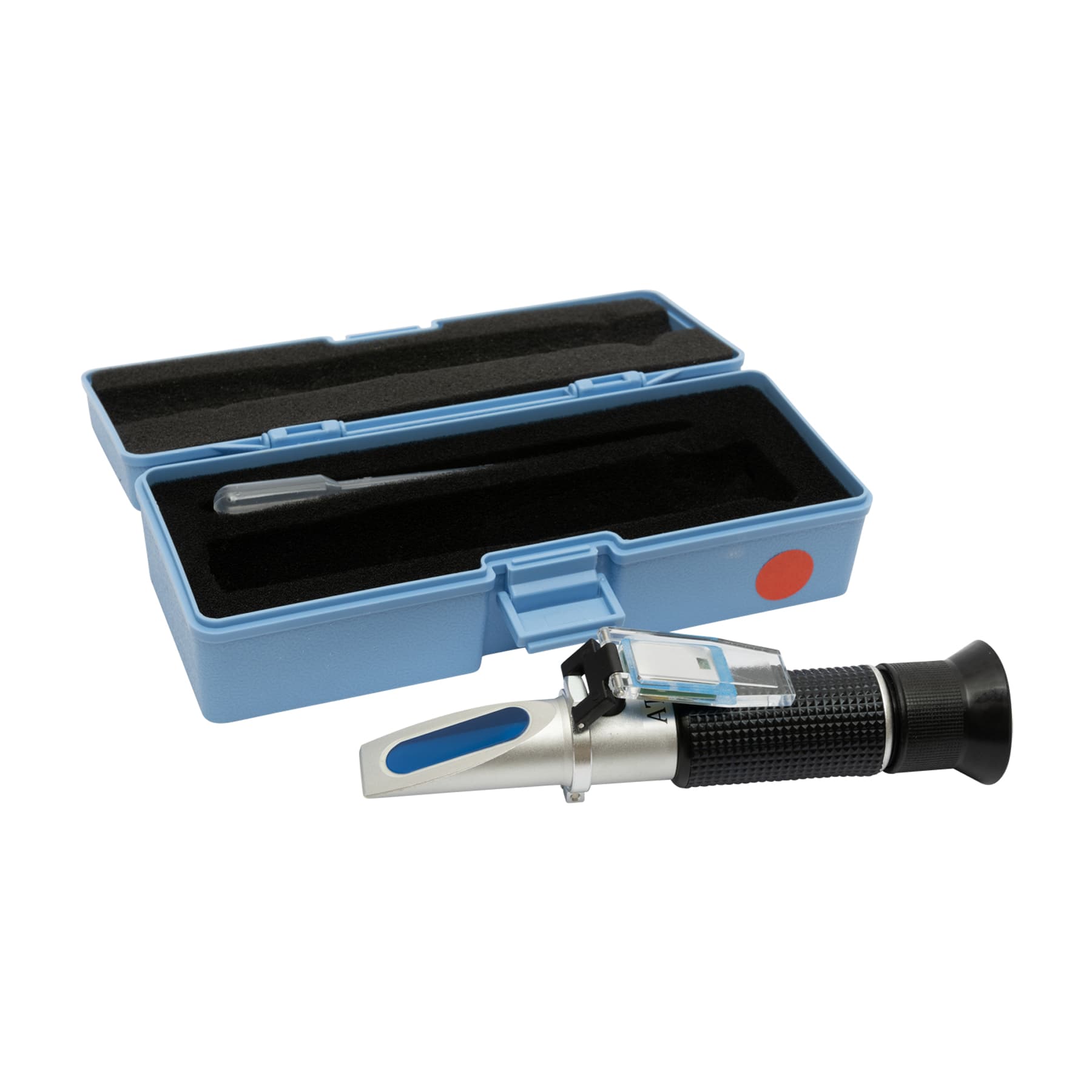Honigrefraktometer mit LED-Beleuchtung und  ATC in grau-blauem gut schützendem Kunststoff-Etui