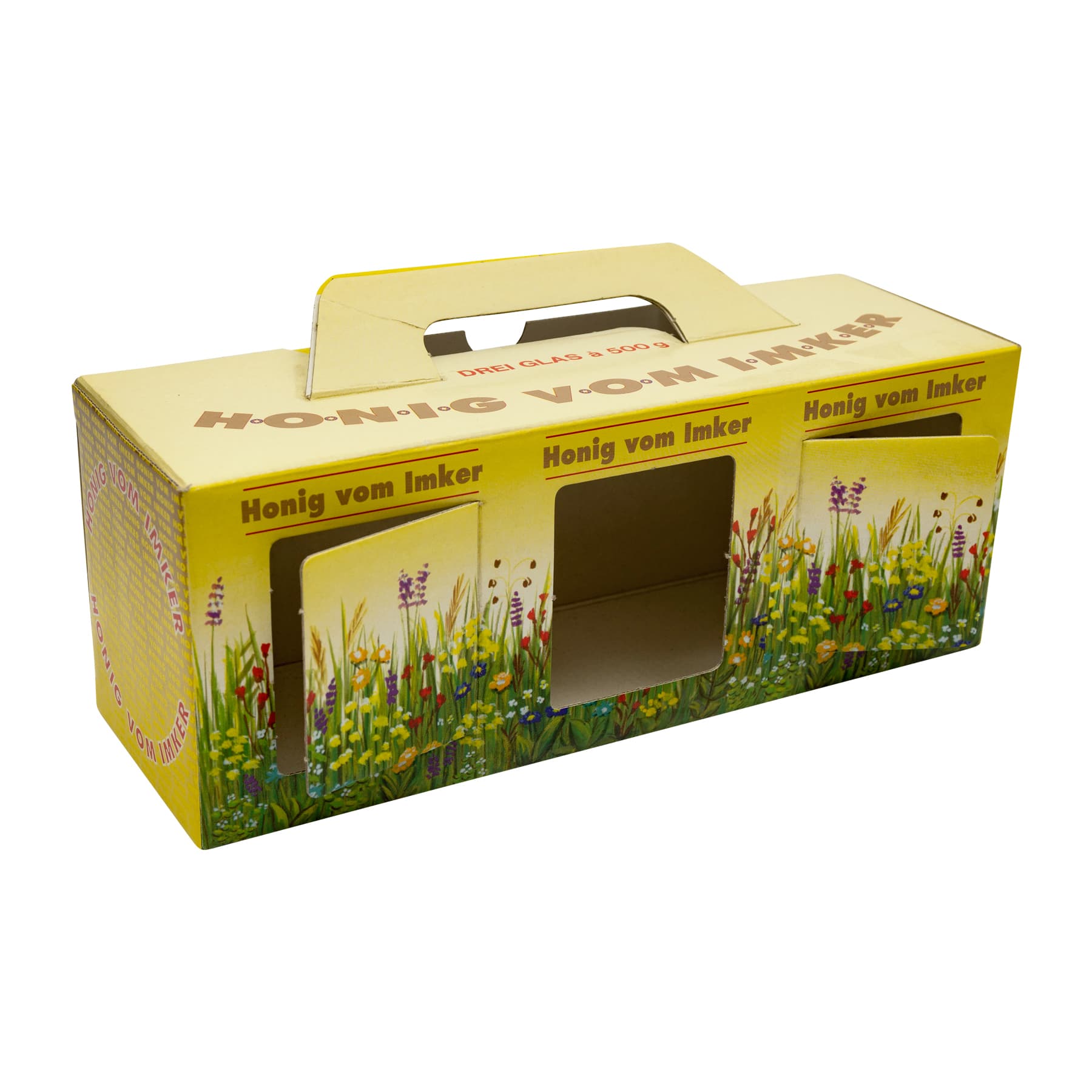 Kartonverpackung Blumenwiese für 3 x 500 g Honigglas