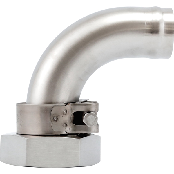 BS Stutzen 1 1/2 " gebogen (Rohrbogen) = zweiter Bogen mit Überwurfmutter u. Schelle, Swienty Artikel Nr.  110110