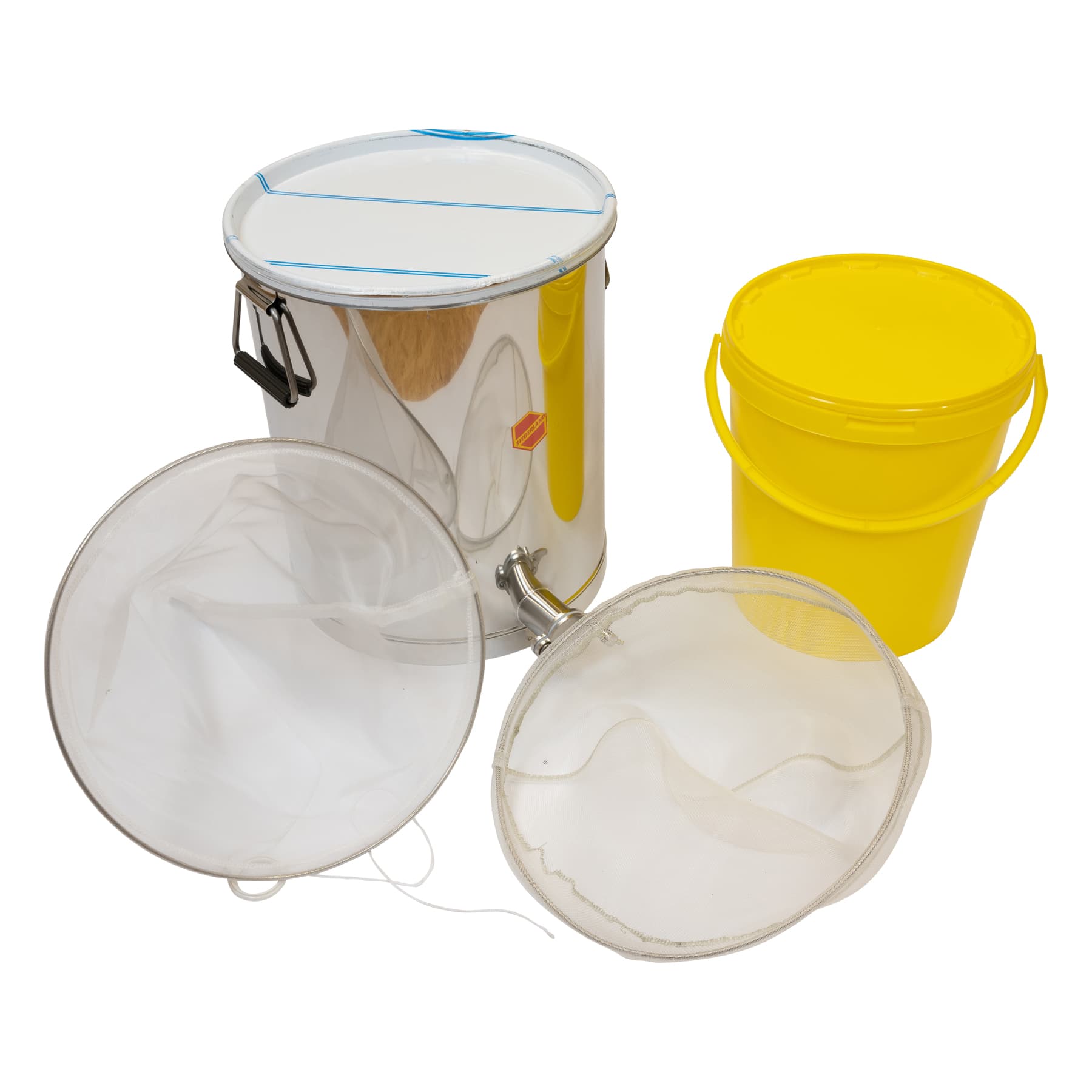 Sieb-Set System (Siebkübel), bestehend aus Siebbehälter Edelstahl mit 2. Hahn 35 kg mit Auflagedeckel, Rund- und Spitzsieb sowie 12,5 kg Eimer