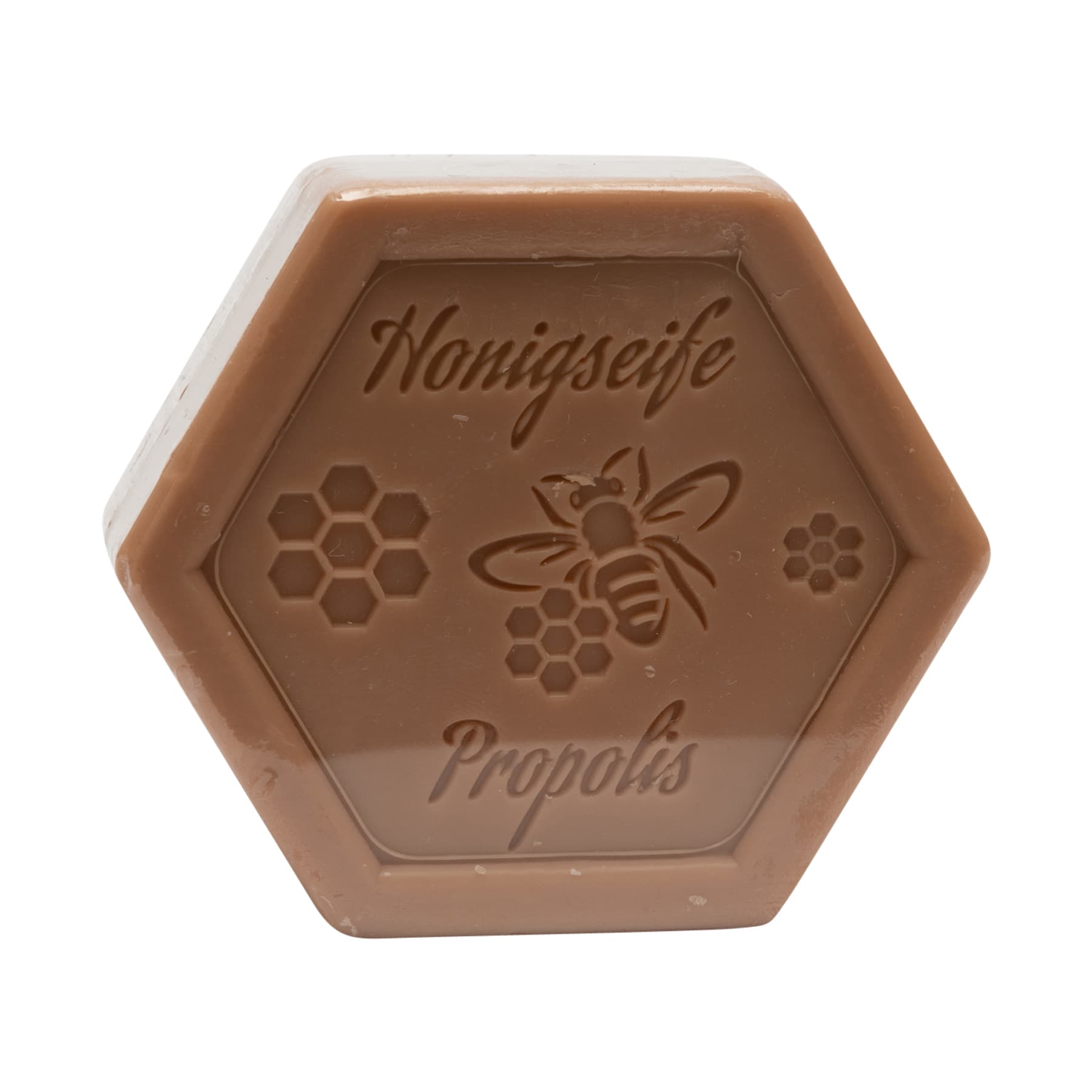 Honigseife mit Propolis100 g in Sechseckform, foliert, mit dem beigelegten Etikett