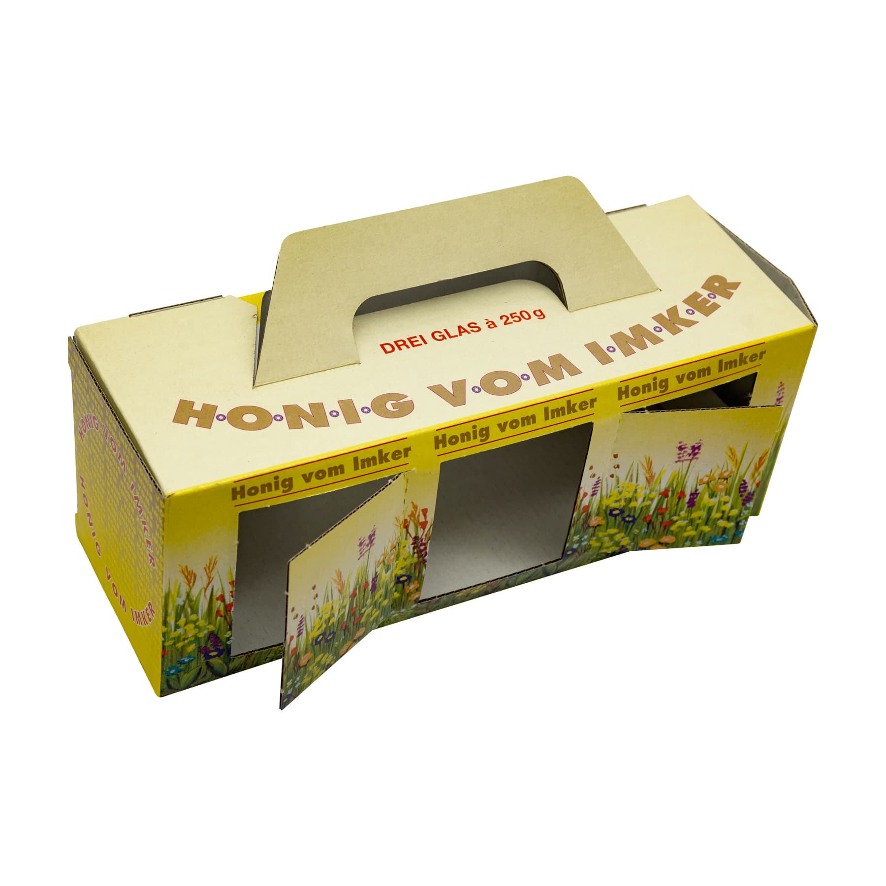Kartonverpackung Blumenwiese für 3 x 500 g Honigglas