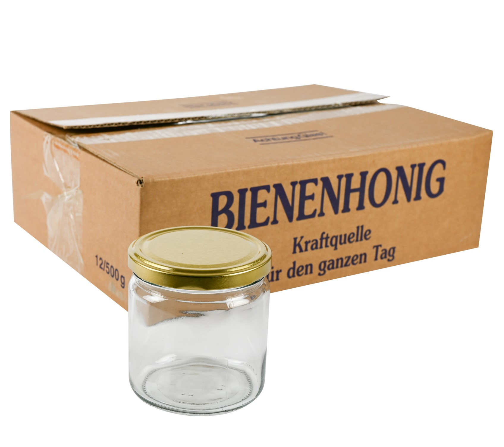 Rundglas 500 g TO mit goldenem TO Deckel und 162 beigelegten Leerkartons  1 Palette= 1936 St. lose FREI HAUS